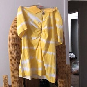 Michael Kors Yellow and White Ruched Tie Front Polo Blouse